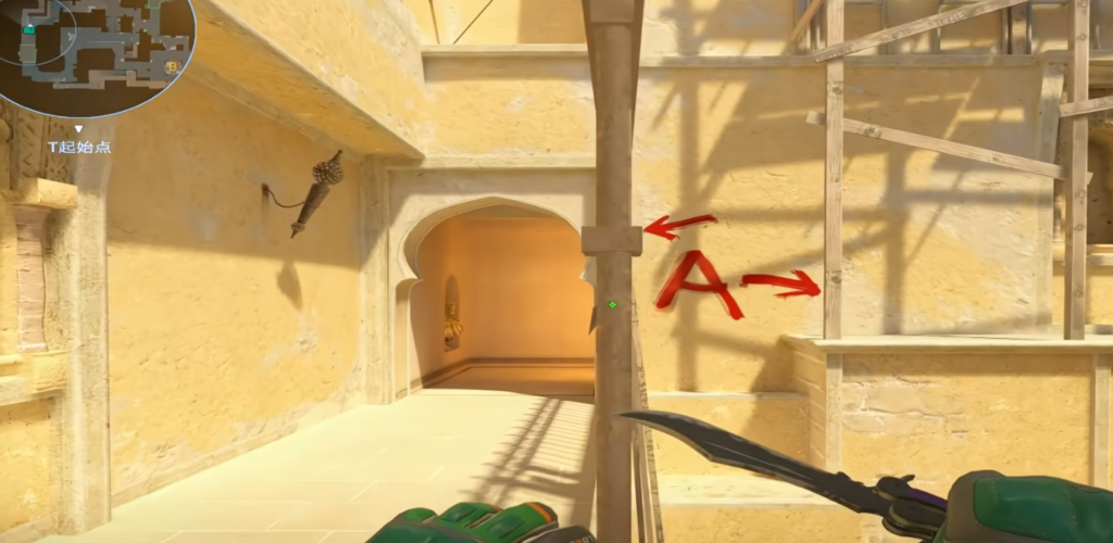 CT smoke from T spawn — hugging railing aiming at wooden beam