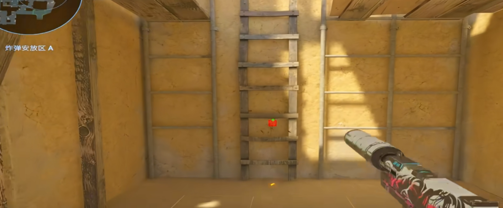 Silent A1 retake flash — hugging ladder under A2 aiming at wooden beam