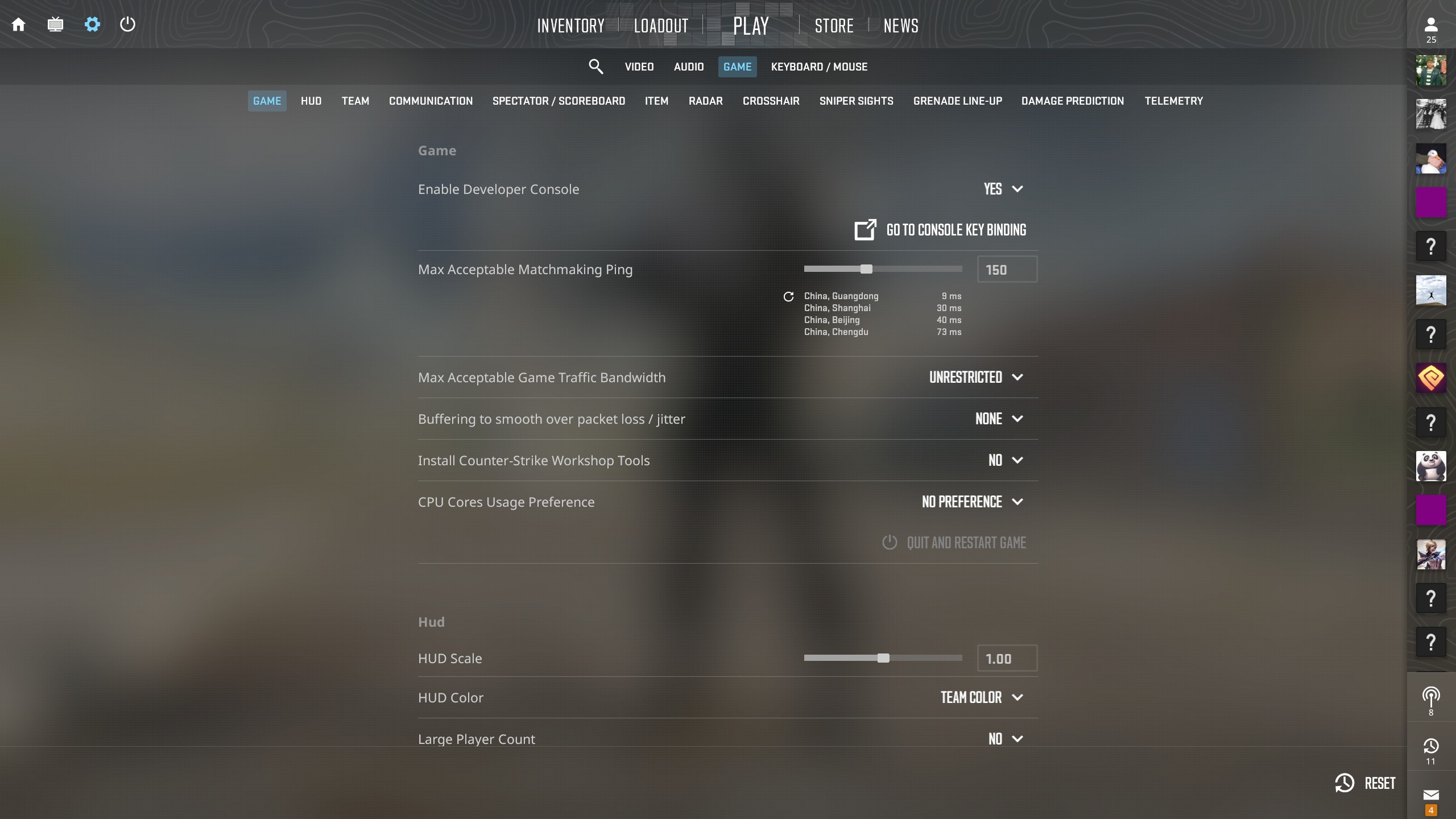 CS2 Game Settings Panel