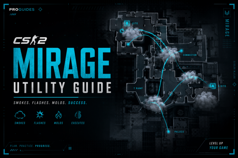 CS2 Mirage utility guide cover with smoke lineups and tactical map overlay